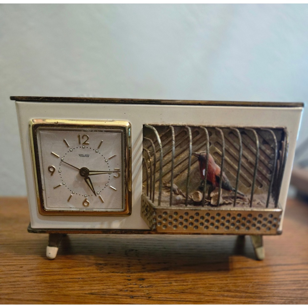 Vintage Griesbaum West Germany Singing Bird Automaton Clock MCM White Gold